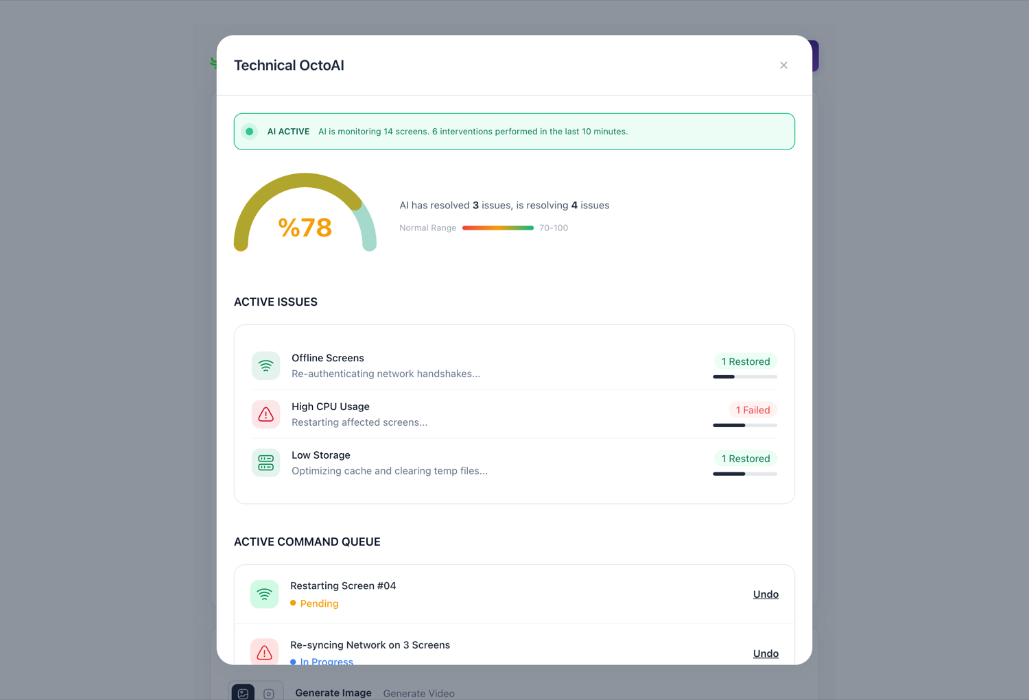 OctoAI Technical monitoring and auto-fixing screens